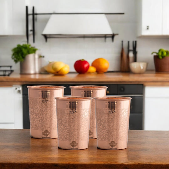 Embossed Design Copper Drinking Tumbler With 2 & 4 Sets