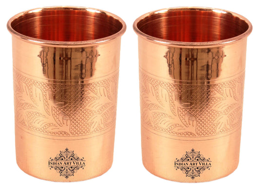 Embossed Design Copper Drinking Tumbler With 2 & 4 Sets