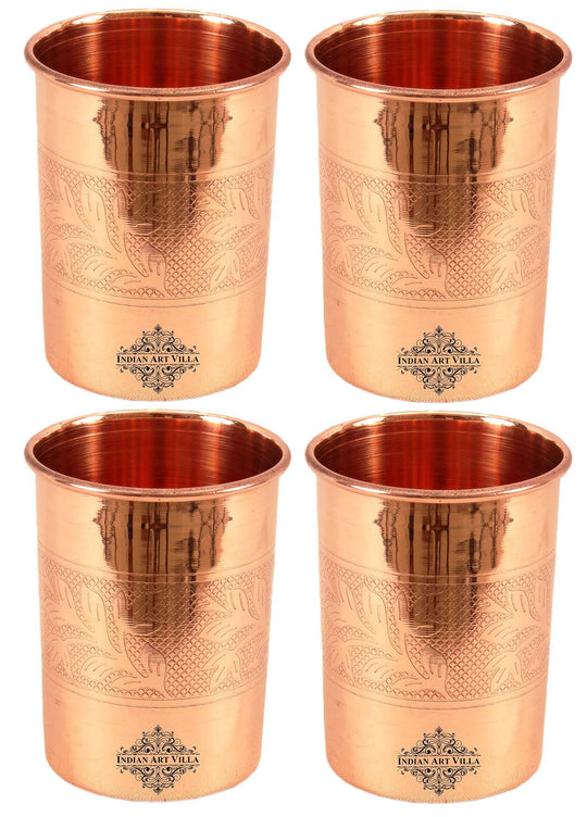 Embossed Design Copper Drinking Tumbler With 2 & 4 Sets