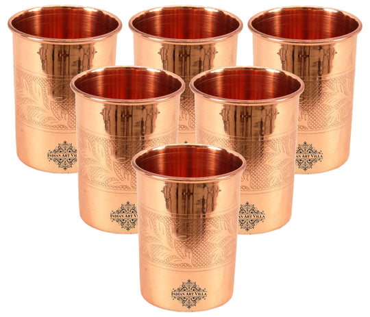 Embossed Design Copper Drinking Tumbler With 2 & 4 Sets
