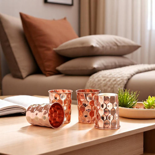 Diamond Hammered Copper Drinking Glass With 2 & 4 Sets, 9oz/275 ML