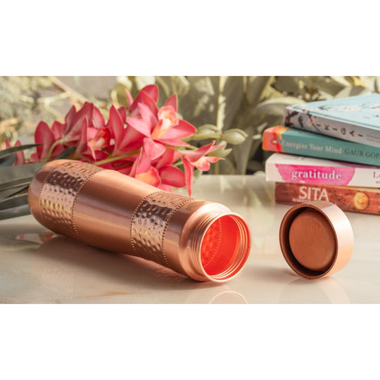 Half Hammered & Lacquer Coated With Curve Design  Copper Bottle