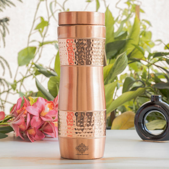 Half Hammered & Lacquer Coated With Curve Design  Copper Bottle