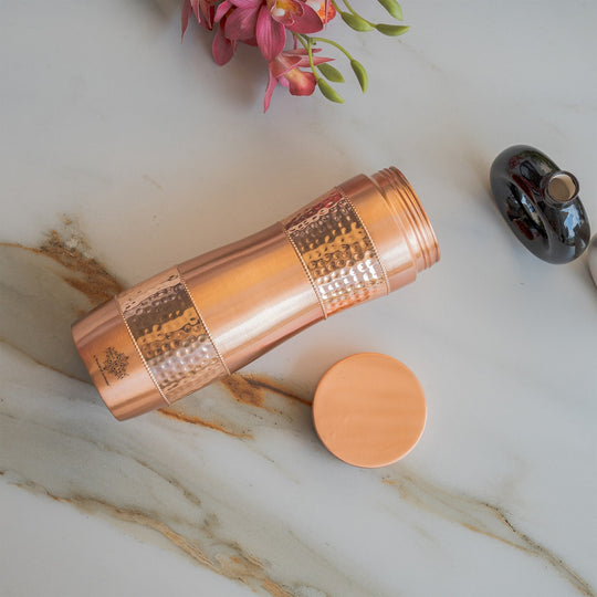 Half Hammered & Lacquer Coated With Curve Design  Copper Bottle