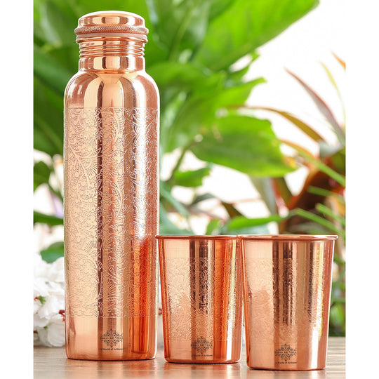 Indian Art Villa Set of Pure Copper Embossed Leak Proof Water Bottle & Two Glasses with a Gift Box, Drinkware