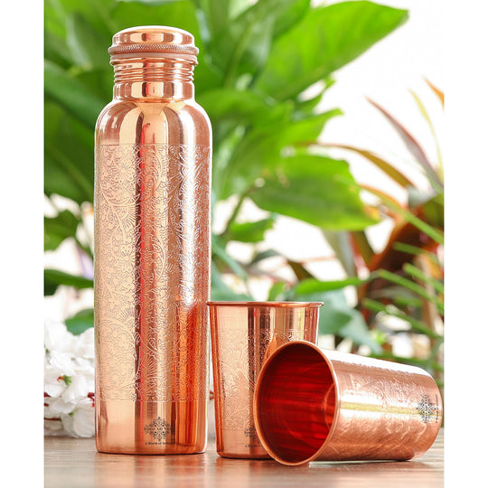 Indian Art Villa Set of Pure Copper Embossed Leak Proof Water Bottle & Two Glasses with a Gift Box, Drinkware