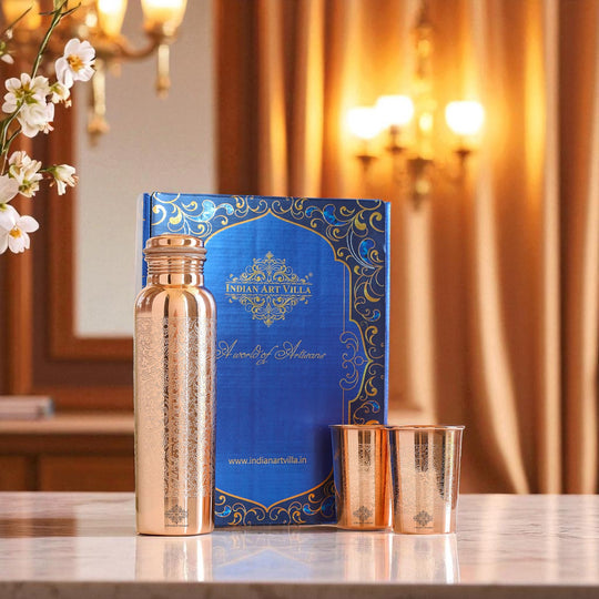 Indian Art Villa Set of Pure Copper Embossed Leak Proof Water Bottle & Two Glasses with a Gift Box, Drinkware