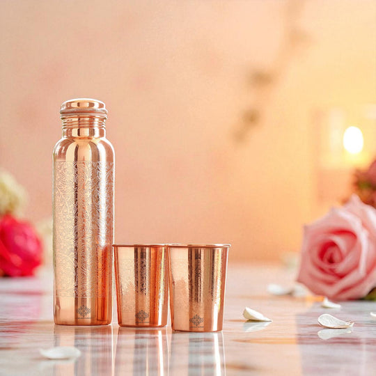 Indian Art Villa Set of Pure Copper Embossed Leak Proof Water Bottle & Two Glasses with a Gift Box, Drinkware