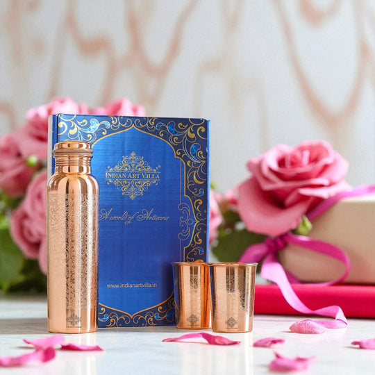 Indian Art Villa Set of Pure Copper Embossed Leak Proof Water Bottle & Two Glasses with a Gift Box, Drinkware