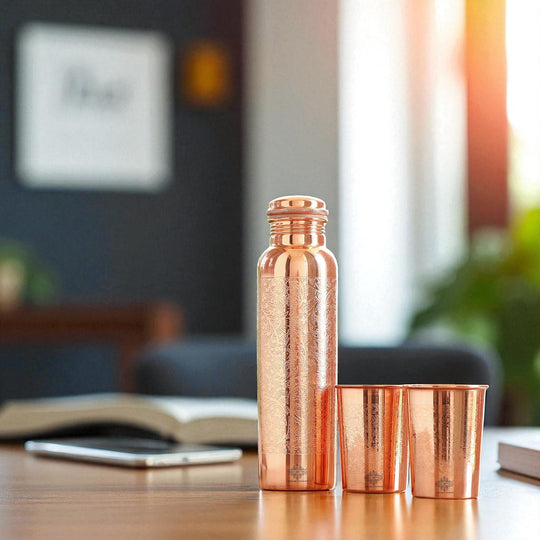 Indian Art Villa Set of Pure Copper Embossed Leak Proof Water Bottle & Two Glasses with a Gift Box, Drinkware