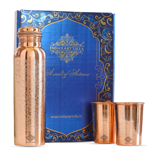 Indian Art Villa Set of Pure Copper Embossed Leak Proof Water Bottle & Two Glasses with a Gift Box, Drinkware