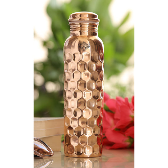 Indian Art Villa Pure Copper Drinkware Gift Set of Diamond Hammered Design 1 Bottle & 2 Glass With Royal Blue Gift Box, Bithday & Parties, Bottle & Glass