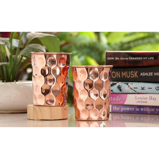 Indian Art Villa Pure Copper Drinkware Gift Set of Diamond Hammered Design 1 Bottle & 2 Glass With Royal Blue Gift Box, Bithday & Parties, Bottle & Glass