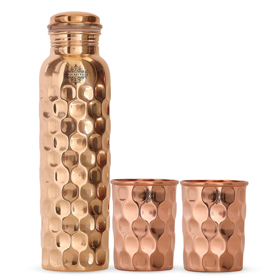Indian Art Villa Pure Copper Drinkware Gift Set of Diamond Hammered Design 1 Bottle & 2 Glass With Royal Blue Gift Box, Bithday & Parties, Bottle & Glass