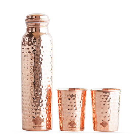 Indian Art Villa Pure Copper Drinkware Gift Set of Hammered Design 1 Bottle & 2 Glass, Perfect for Daily Use, Home, Office, Travel, Dining, and Special Occasion Gifting