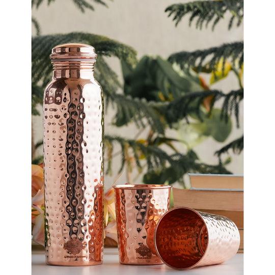 Indian Art Villa Pure Copper Drinkware Gift Set of Hammered Design 1 Bottle & 2 Glass, Perfect for Daily Use, Home, Office, Travel, Dining, and Special Occasion Gifting