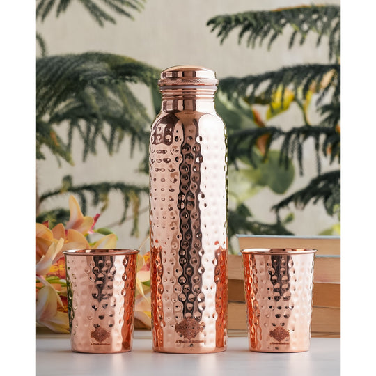 Indian Art Villa Pure Copper Drinkware Gift Set of Hammered Design 1 Bottle & 2 Glass, Perfect for Daily Use, Home, Office, Travel, Dining, and Special Occasion Gifting