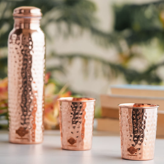 Indian Art Villa Pure Copper Drinkware Gift Set of Hammered Design 1 Bottle & 2 Glass, Perfect for Daily Use, Home, Office, Travel, Dining, and Special Occasion Gifting