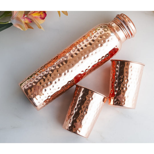 Indian Art Villa Pure Copper Drinkware Gift Set of Hammered Design 1 Bottle & 2 Glass, Perfect for Daily Use, Home, Office, Travel, Dining, and Special Occasion Gifting