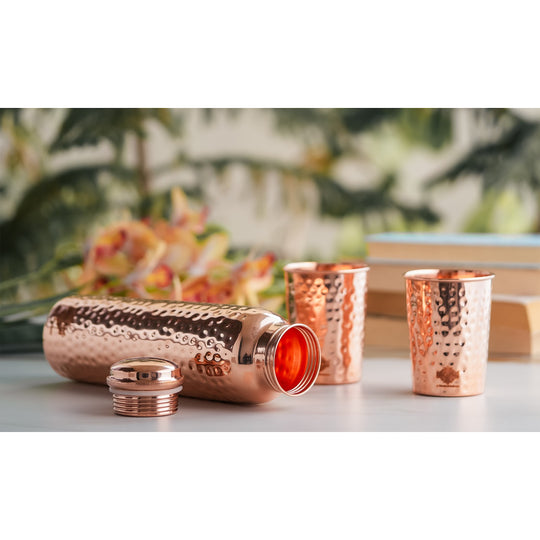 Indian Art Villa Pure Copper Drinkware Gift Set of Hammered Design 1 Bottle & 2 Glass, Perfect for Daily Use, Home, Office, Travel, Dining, and Special Occasion Gifting