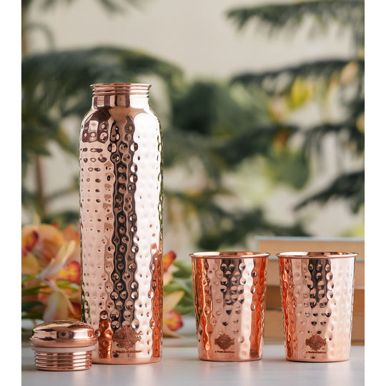 Indian Art Villa Pure Copper Drinkware Gift Set of Hammered Design 1 Bottle & 2 Glass, Perfect for Daily Use, Home, Office, Travel, Dining, and Special Occasion Gifting