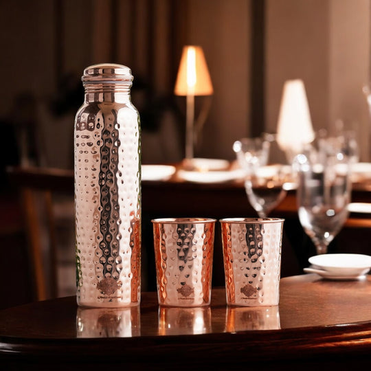 Indian Art Villa Pure Copper Drinkware Gift Set of Hammered Design 1 Bottle & 2 Glass, Perfect for Daily Use, Home, Office, Travel, Dining, and Special Occasion Gifting