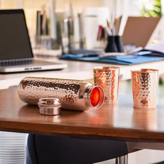 Indian Art Villa Pure Copper Drinkware Gift Set of Hammered Design 1 Bottle & 2 Glass, Perfect for Daily Use, Home, Office, Travel, Dining, and Special Occasion Gifting