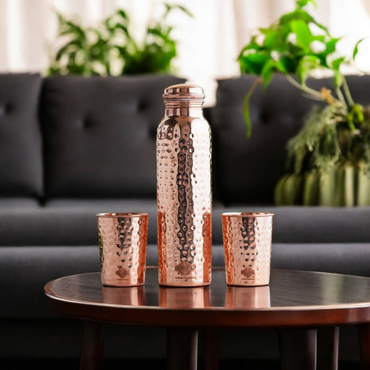 Indian Art Villa Pure Copper Drinkware Gift Set of Hammered Design 1 Bottle & 2 Glass, Perfect for Daily Use, Home, Office, Travel, Dining, and Special Occasion Gifting