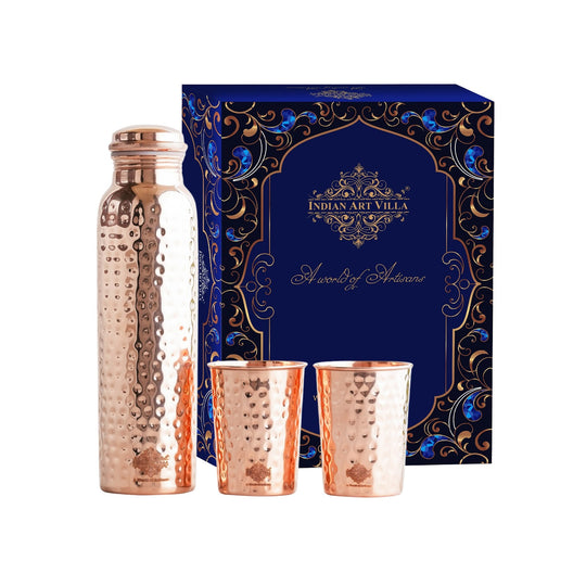 Indian Art Villa Pure Copper Drinkware Gift Set of Hammered Design 1 Bottle & 2 Glass, Perfect for Daily Use, Home, Office, Travel, Dining, and Special Occasion Gifting