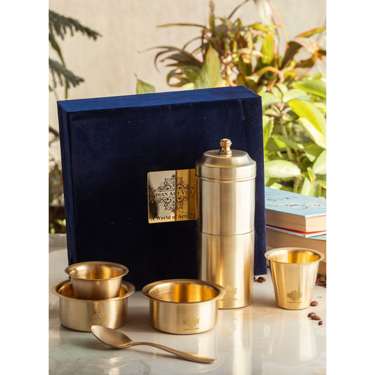Indian Art Villa Pure Brass South Indian Coffee Filter Gift Set with 2 Dabra Sets – Traditional Matt Finish, Velvet Gift Box Perfect For Gifting