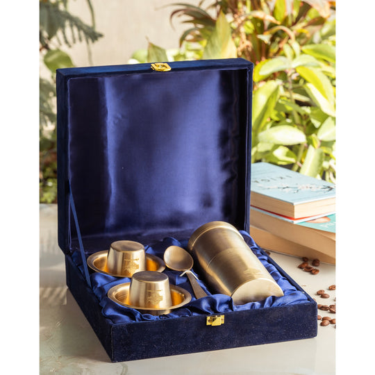 Indian Art Villa Pure Brass South Indian Coffee Filter Gift Set with 2 Dabra Sets – Traditional Matt Finish, Velvet Gift Box Perfect For Gifting