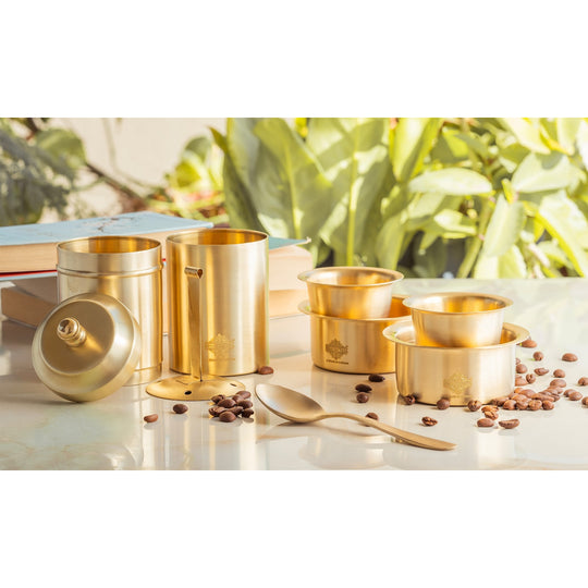 Indian Art Villa Pure Brass South Indian Coffee Filter Gift Set with 2 Dabra Sets – Traditional Matt Finish, Velvet Gift Box Perfect For Gifting