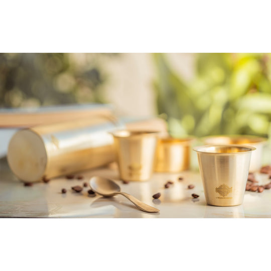 Indian Art Villa Pure Brass South Indian Coffee Filter Gift Set with 2 Dabra Sets – Traditional Matt Finish, Velvet Gift Box Perfect For Gifting