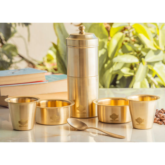 Indian Art Villa Pure Brass South Indian Coffee Filter Gift Set with 2 Dabra Sets – Traditional Matt Finish, Velvet Gift Box Perfect For Gifting