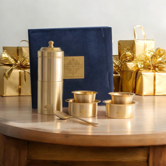 Indian Art Villa Pure Brass South Indian Coffee Filter Gift Set with 2 Dabra Sets – Traditional Matt Finish, Velvet Gift Box Perfect For Gifting