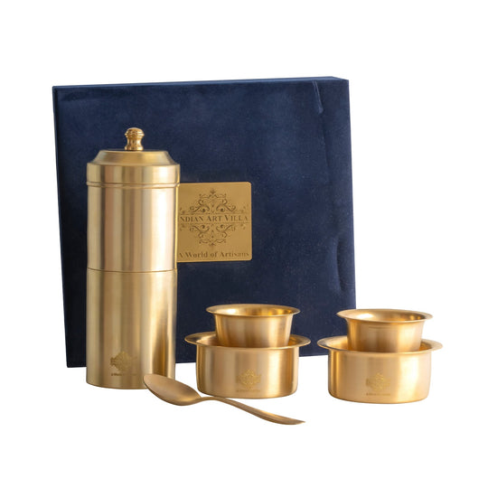 Indian Art Villa Pure Brass South Indian Coffee Filter Gift Set with 2 Dabra Sets – Traditional Matt Finish, Velvet Gift Box Perfect For Gifting