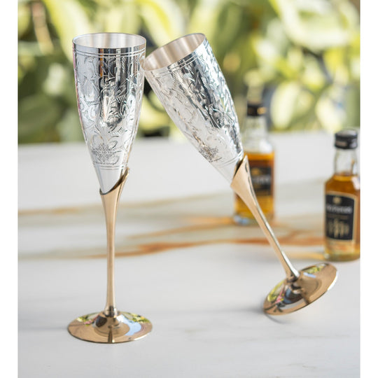 Set of 2 Silver Plated & Brass Champagne Wine Glass With Box