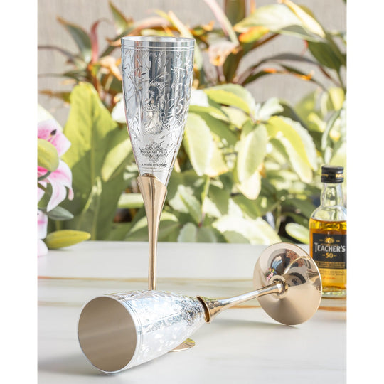 Set of 2 Silver Plated & Brass Champagne Wine Glass With Box