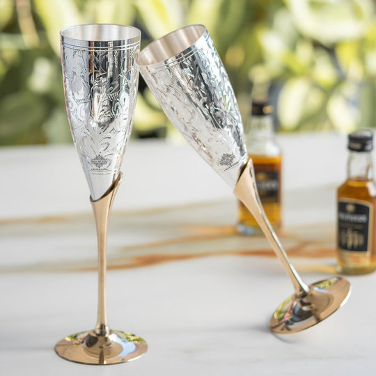 Set of 2 Silver Plated & Brass Champagne Wine Glass With Box