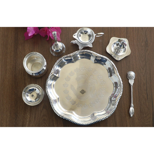 Silver Plated Om Worship Tray Set Set Of 7