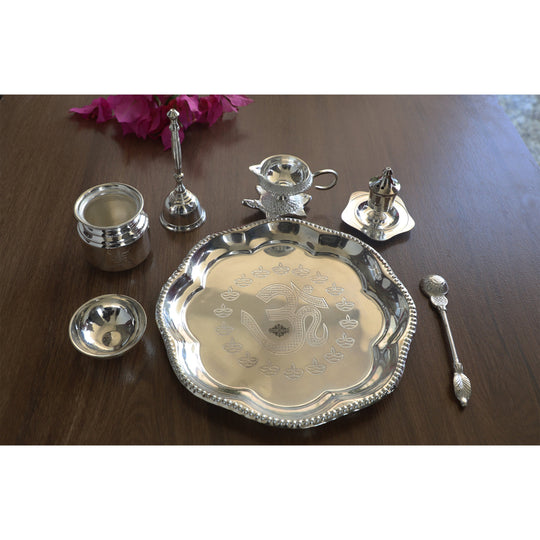 Silver Plated Om Worship Tray Set Set Of 7