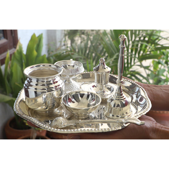 Silver Plated Om Worship Tray Set Set Of 7