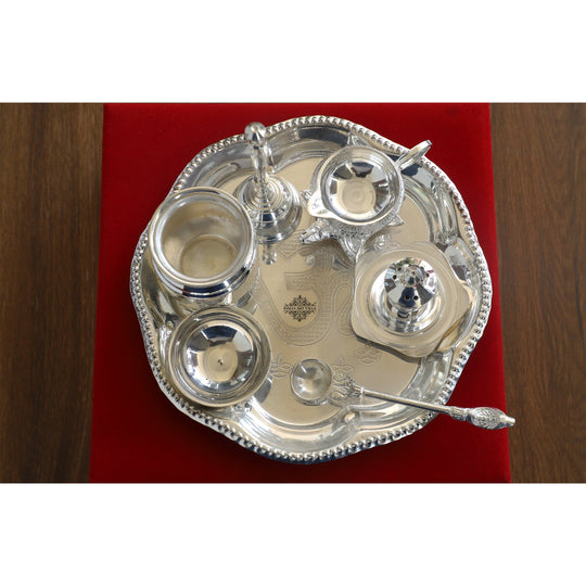 Silver Plated Om Worship Tray Set Set Of 7