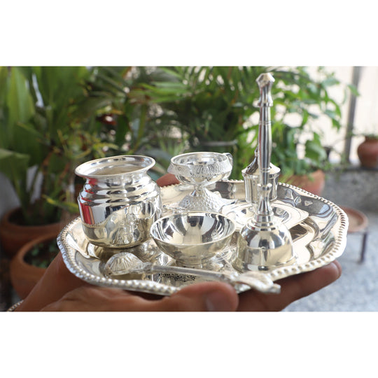 Silver Plated Om Worship Tray Set Set Of 7