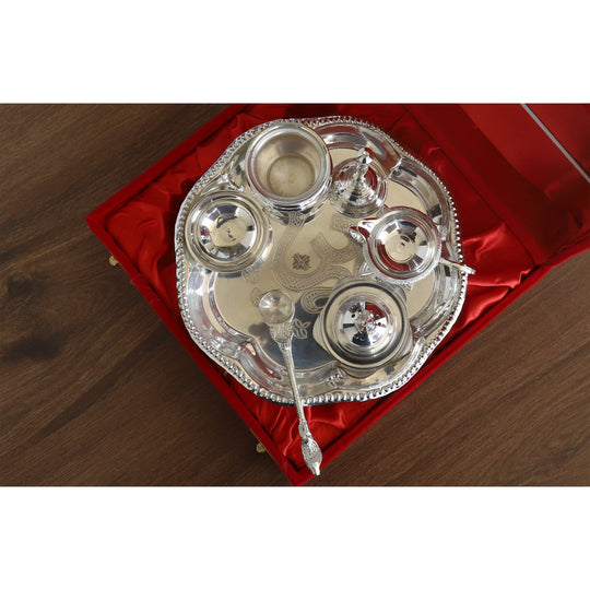 Silver Plated Om Worship Tray Set Set Of 7