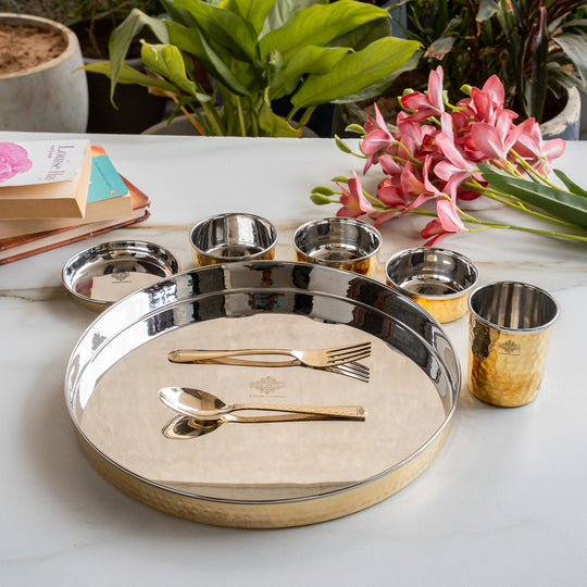 Steel-Brass Antique Hammered Dinner Set, 13 Inch – 7 Piece | Indian Art Villa