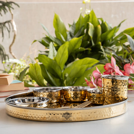 Steel-Brass Antique Hammered Dinner Set, 13 Inch – 7 Piece | Indian Art Villa