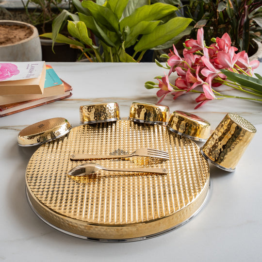 Steel-Brass Antique Hammered Dinner Set, 13 Inch – 7 Piece | Indian Art Villa