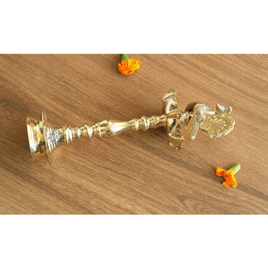 Brass Standing Pillar Lamp – Peacock Design, 12 Inch