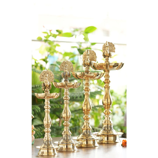Brass Standing Pillar Lamp – Peacock Design, 12 Inch